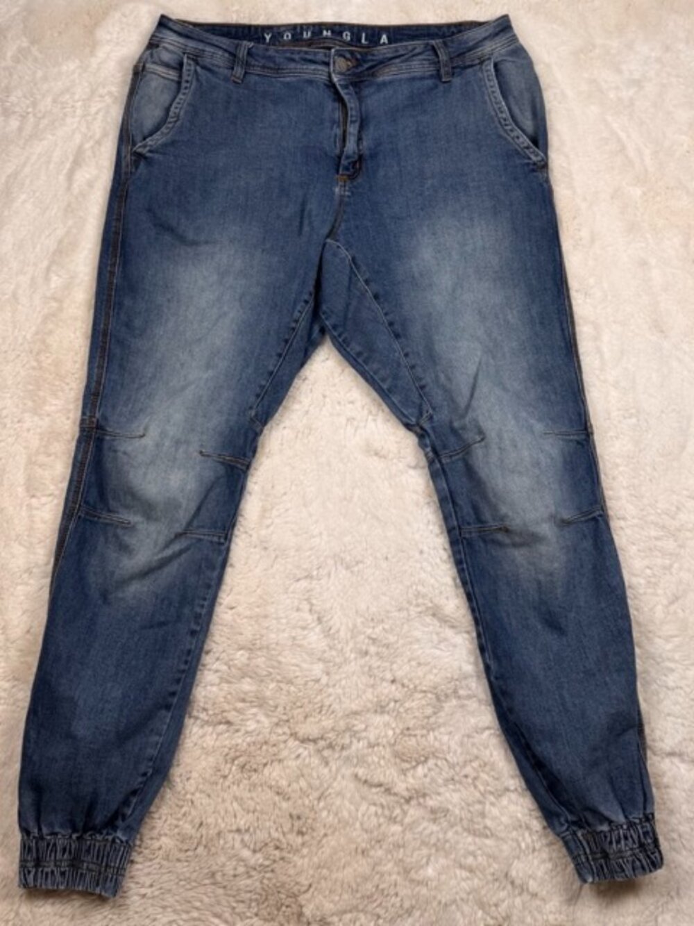 YOUNGLA Denim Jogger Jeans Pants Men’s Size 38 Taper Leg Athletic Fit Gym
